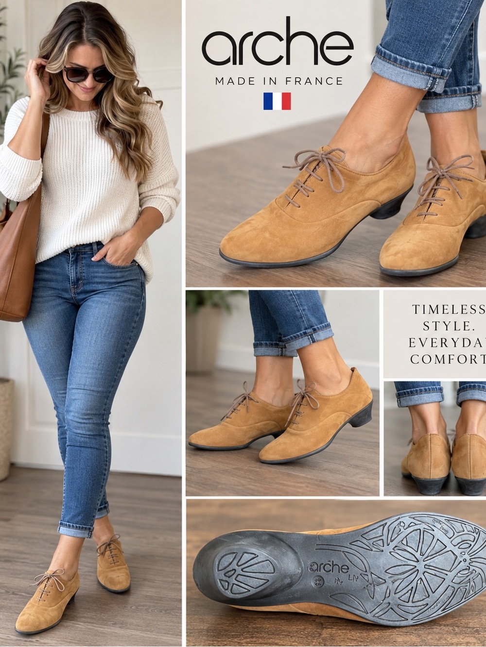 Arche Women’s Nubuck Leather Oxford Shoes W 7 Tan Camel Lace Up Made in France